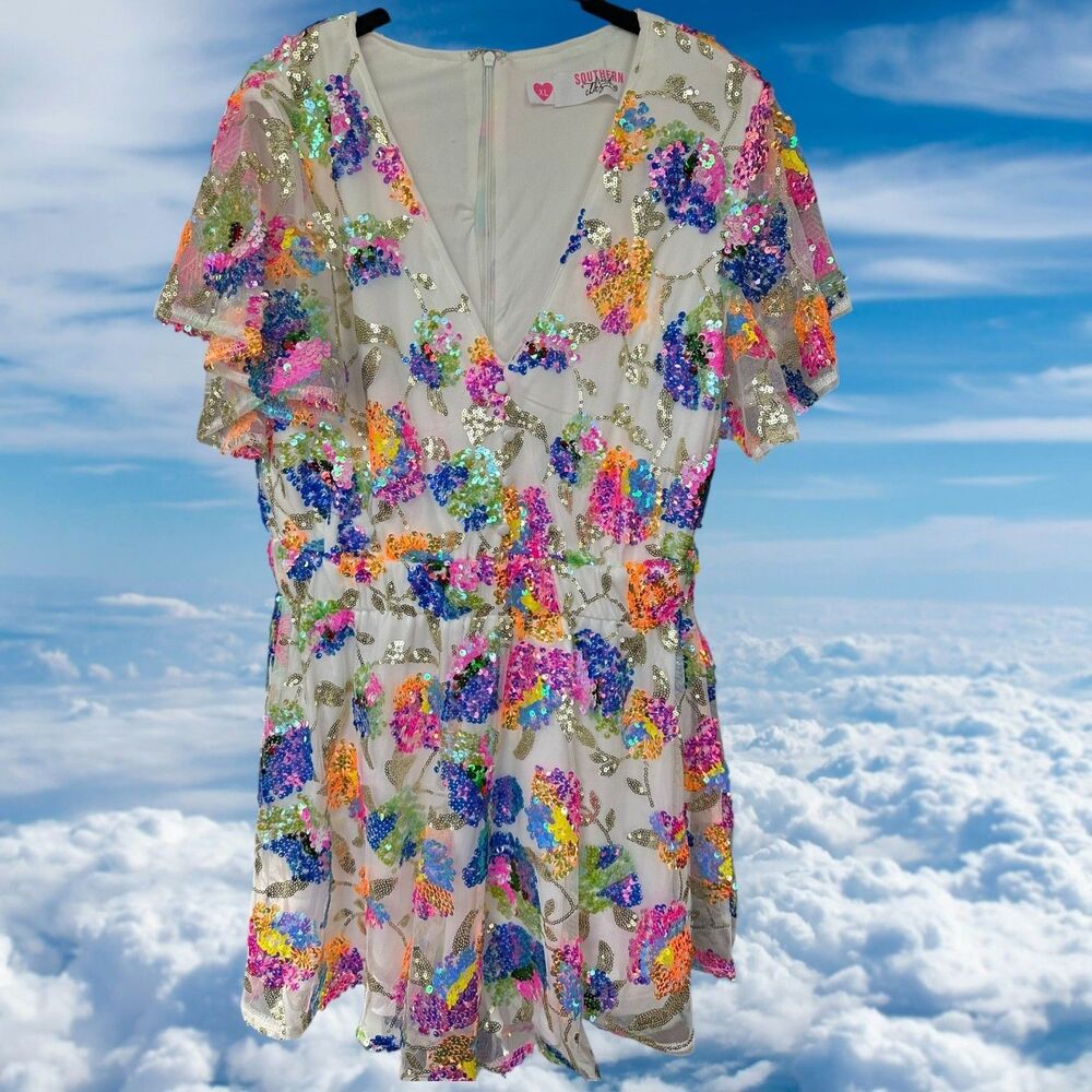 Sequin Floral V-Neck Romper in White with Multi-Color Embellishments